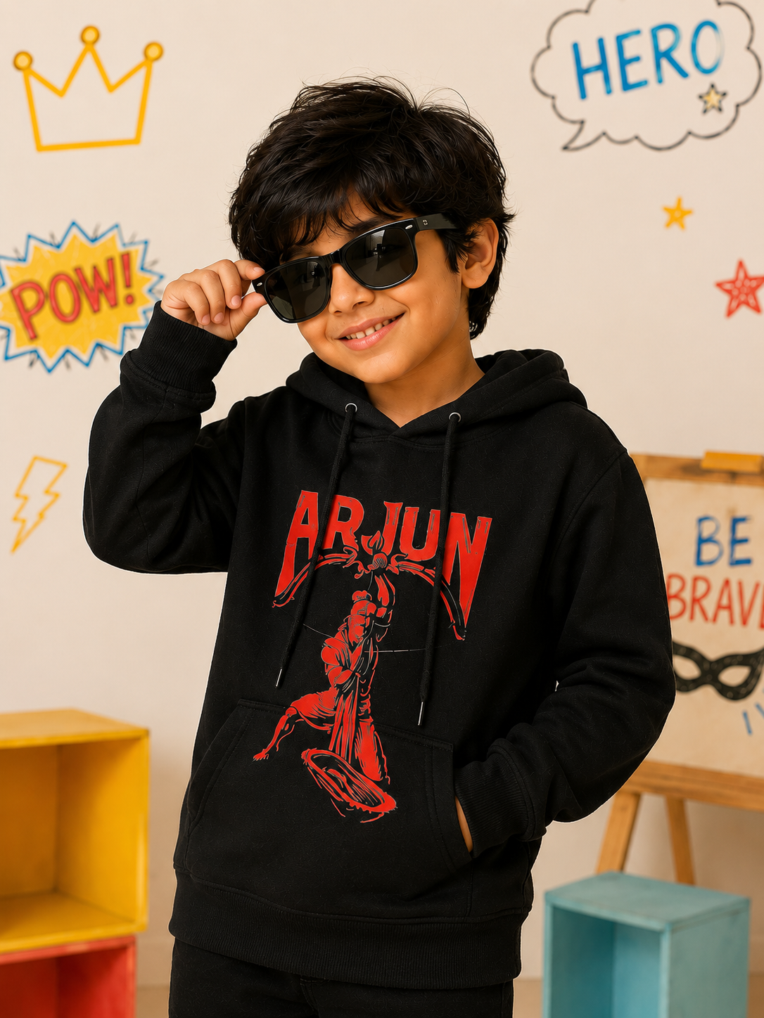 A young boy wearing a black hoodie with a red graphic print that says 'ARJUN' and a superhero illustration, styled with black sunglasses. He is posing in front of a decorated wall with comic book style drawings.