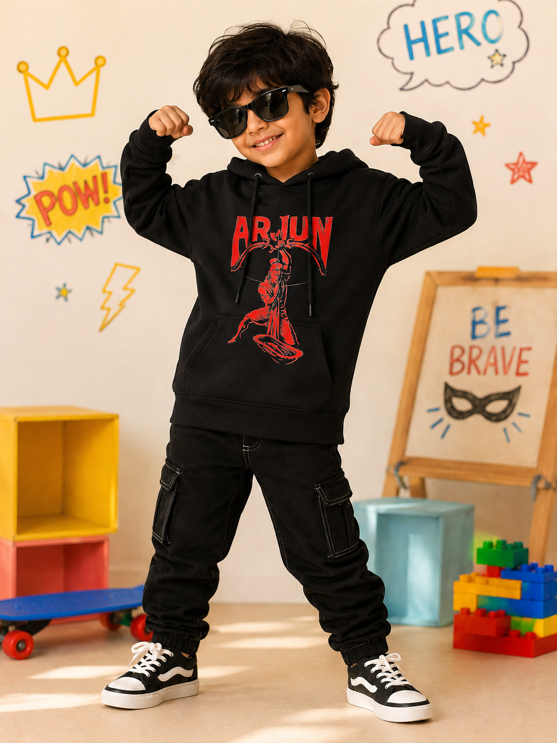 A young boy wearing a black hoodie with a red graphic print that says 'ARJUN' and a superhero illustration, styled with black sunglasses. He is posing in front of a decorated wall with comic book style drawings.
