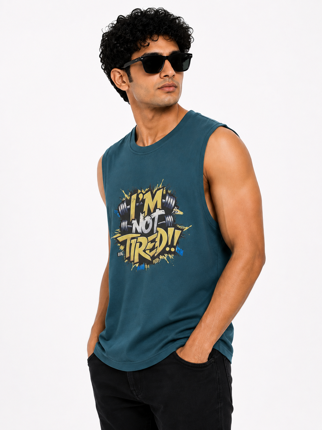 Not tired Gym workout Printed Sleeveless Bottle Green T-shirt