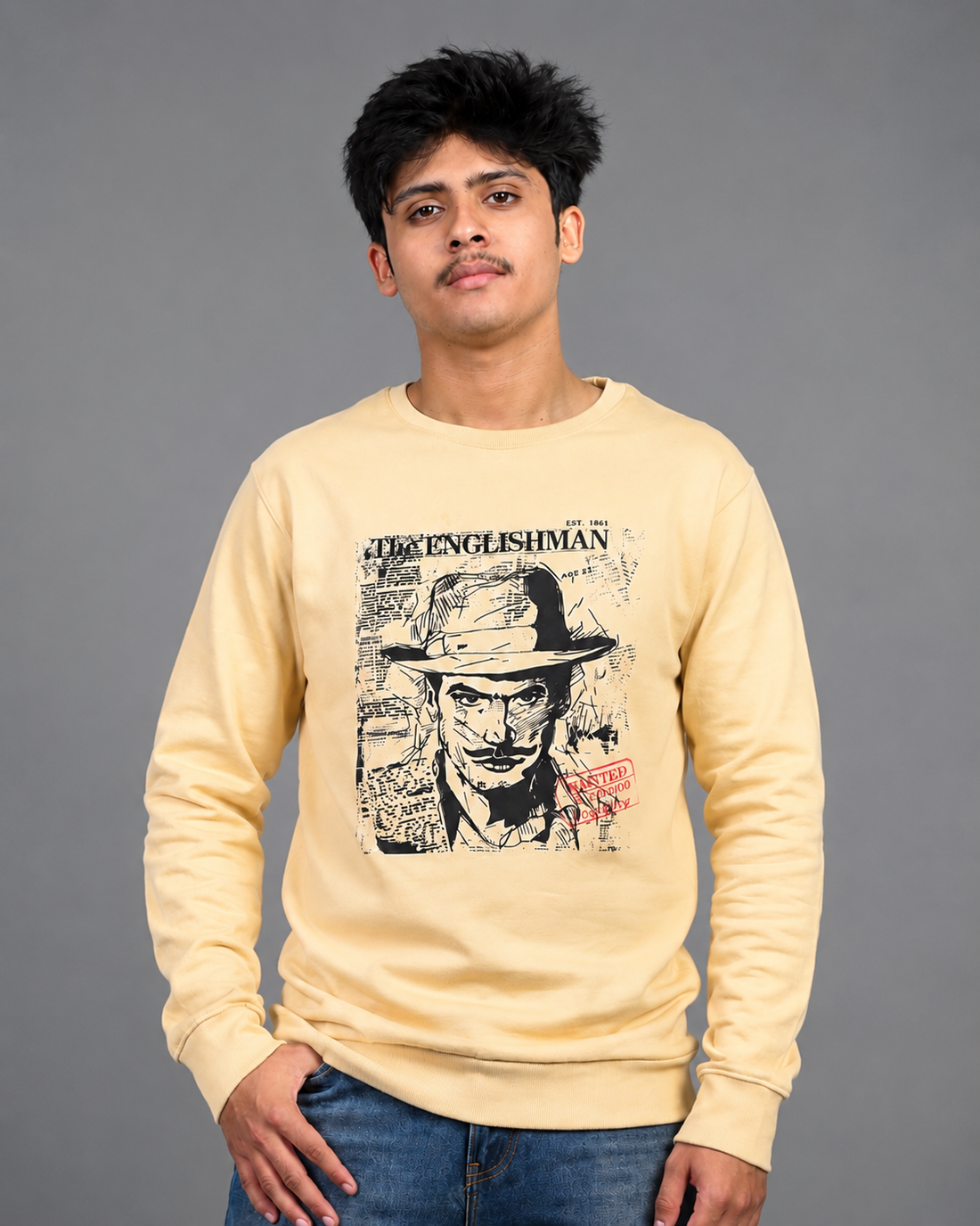 Bhagat Singh In Wanted Paper art Unisex printed Warm Sand Sweatshirt