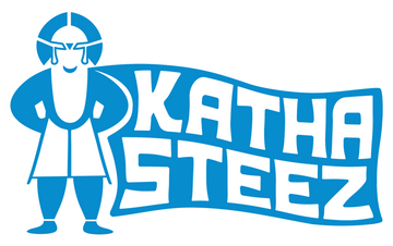Logo of Katha Steez with a character in blue and white on a transparent background