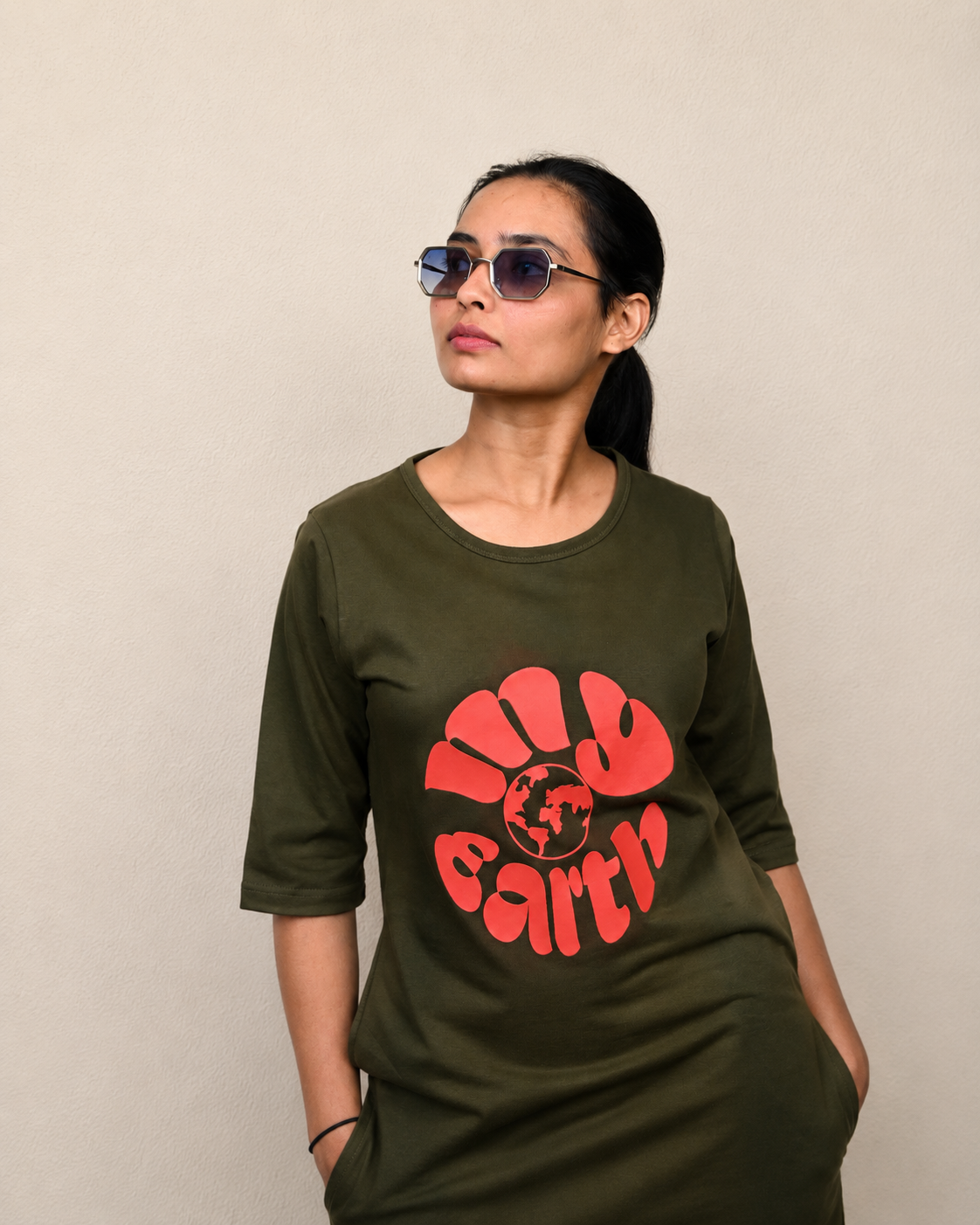 My World Puff printed Olive green T-shirt Dress
