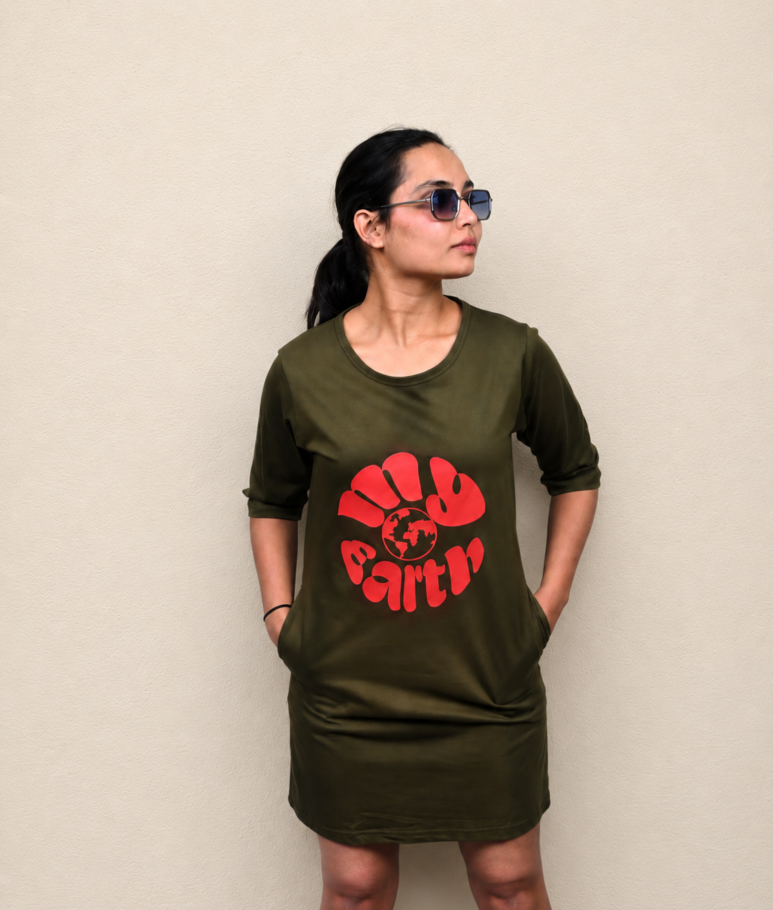 My World Puff printed Olive green T-shirt Dress