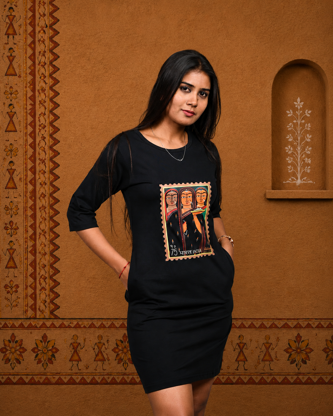 Indian Women Stamp printed Black T-shirt Dress
