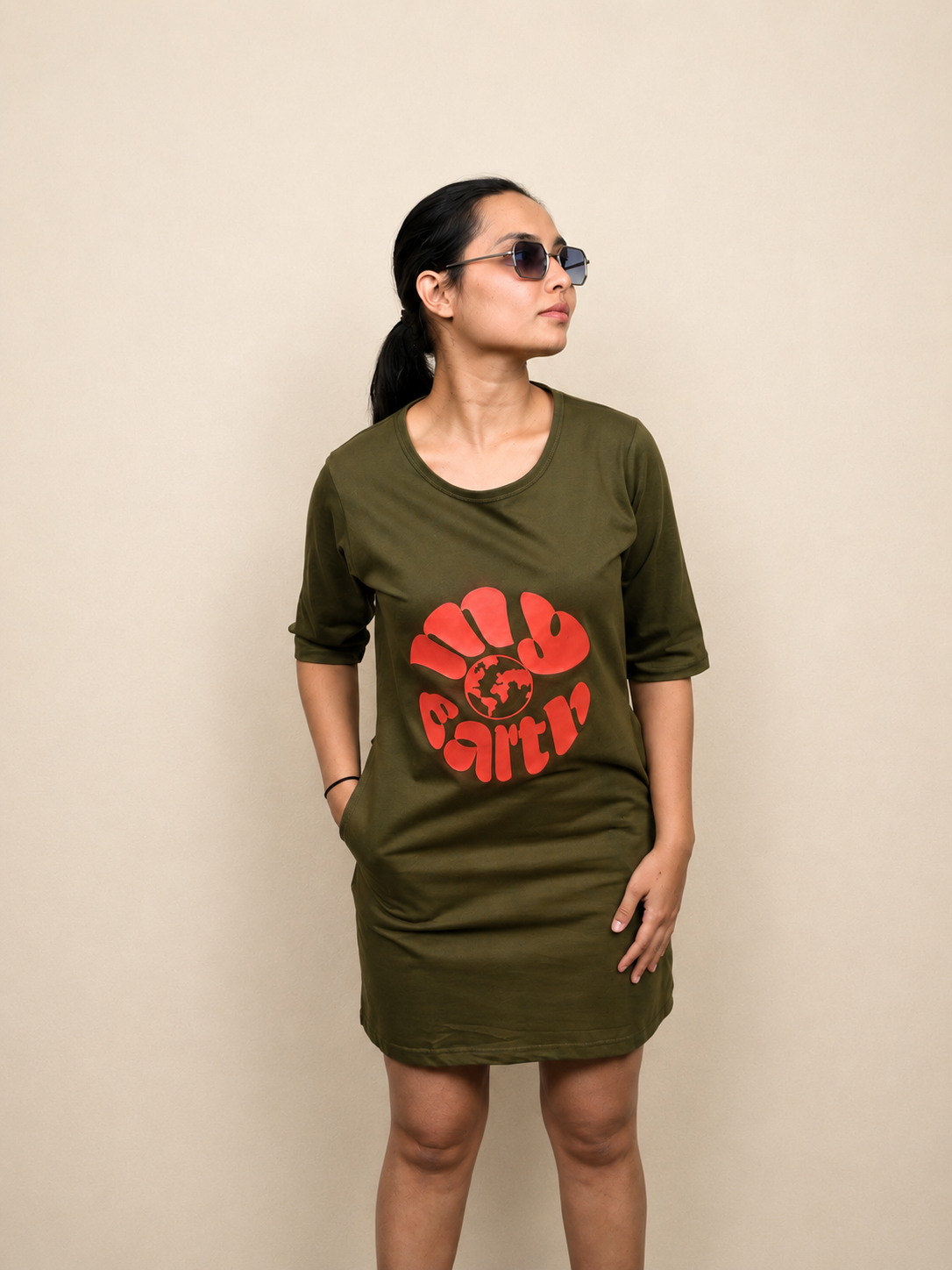 My World Puff printed Olive green T-shirt Dress